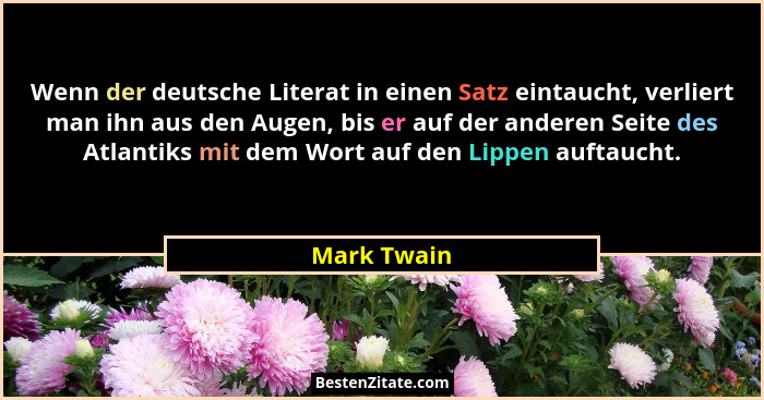 Wenn der deutsche Literat in einen Satz eintaucht, verliert man ihn aus den Augen, bis er auf der anderen Seite des Atlantiks mit dem Wor... - Mark Twain