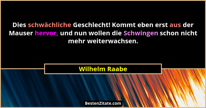 Dies schwächliche Geschlecht! Kommt eben erst aus der Mauser hervor, und nun wollen die Schwingen schon nicht mehr weiterwachsen.... - Wilhelm Raabe