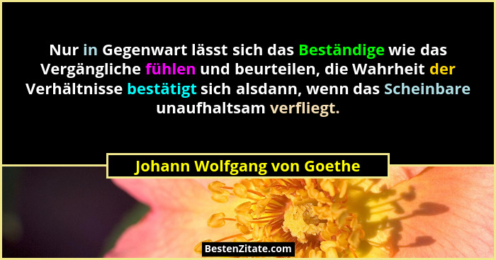 Nur in Gegenwart lässt sich das Beständige wie das Vergängliche fühlen und beurteilen, die Wahrheit der Verhältnisse best... - Johann Wolfgang von Goethe