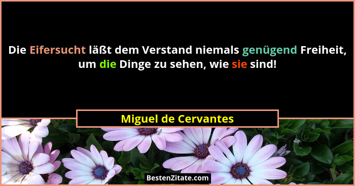Die Eifersucht läßt dem Verstand niemals genügend Freiheit, um die Dinge zu sehen, wie sie sind!... - Miguel de Cervantes