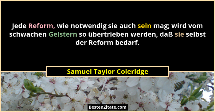 Jede Reform, wie notwendig sie auch sein mag; wird vom schwachen Geistern so übertrieben werden, daß sie selbst der Reform b... - Samuel Taylor Coleridge