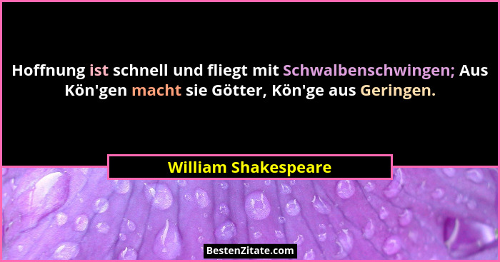 Hoffnung ist schnell und fliegt mit Schwalbenschwingen; Aus Kön'gen macht sie Götter, Kön'ge aus Geringen.... - William Shakespeare