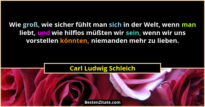 Wie groß, wie sicher fühlt man sich in der Welt, wenn man liebt, und wie hilflos müßten wir sein, wenn wir uns vorstellen könnt... - Carl Ludwig Schleich