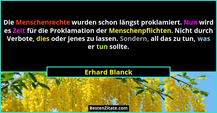 Die Menschenrechte wurden schon längst proklamiert. Nun wird es Zeit für die Proklamation der Menschenpflichten. Nicht durch Verbote,... - Erhard Blanck