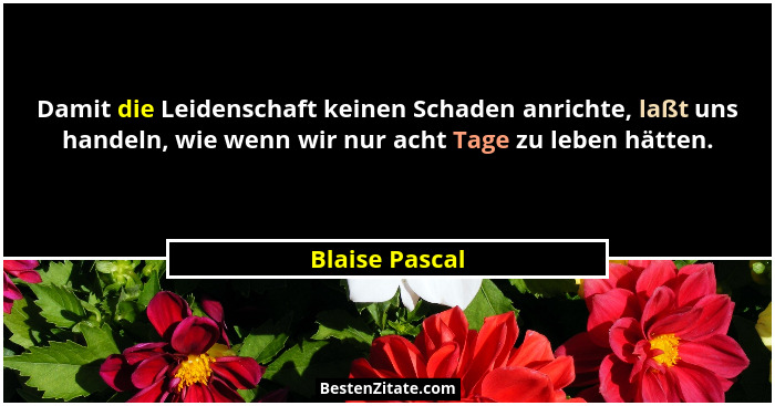 Damit die Leidenschaft keinen Schaden anrichte, laßt uns handeln, wie wenn wir nur acht Tage zu leben hätten.... - Blaise Pascal