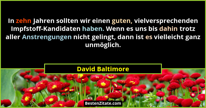 In zehn Jahren sollten wir einen guten, vielversprechenden Impfstoff-Kandidaten haben. Wenn es uns bis dahin trotz aller Anstrengung... - David Baltimore