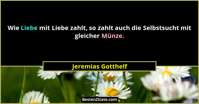 Wie Liebe mit Liebe zahlt, so zahlt auch die Selbstsucht mit gleicher Münze.... - Jeremias Gotthelf