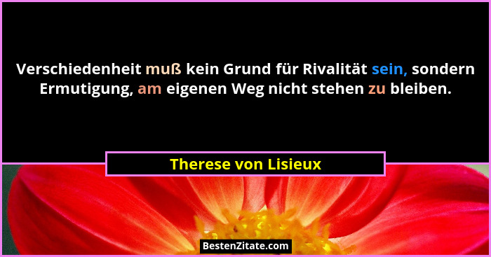 Verschiedenheit muß kein Grund für Rivalität sein, sondern Ermutigung, am eigenen Weg nicht stehen zu bleiben.... - Therese von Lisieux