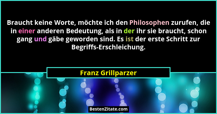 Braucht keine Worte, möchte ich den Philosophen zurufen, die in einer anderen Bedeutung, als in der ihr sie braucht, schon gang un... - Franz Grillparzer