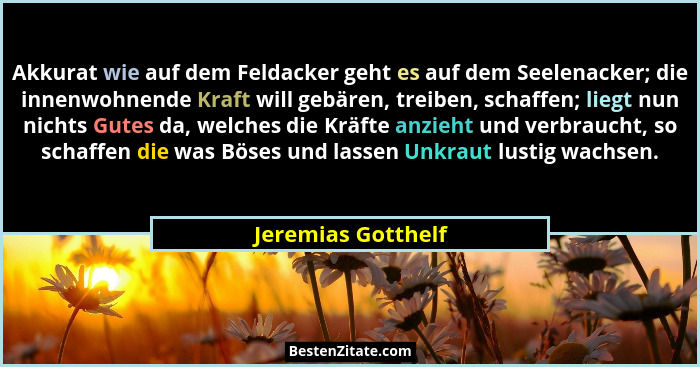 Akkurat wie auf dem Feldacker geht es auf dem Seelenacker; die innenwohnende Kraft will gebären, treiben, schaffen; liegt nun nich... - Jeremias Gotthelf