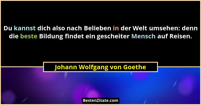 Du kannst dich also nach Belieben in der Welt umsehen: denn die beste Bildung findet ein gescheiter Mensch auf Reisen.... - Johann Wolfgang von Goethe