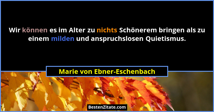 Wir können es im Alter zu nichts Schönerem bringen als zu einem milden und anspruchslosen Quietismus.... - Marie von Ebner-Eschenbach