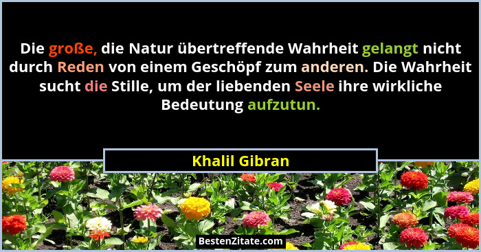 Die große, die Natur übertreffende Wahrheit gelangt nicht durch Reden von einem Geschöpf zum anderen. Die Wahrheit sucht die Stille, u... - Khalil Gibran