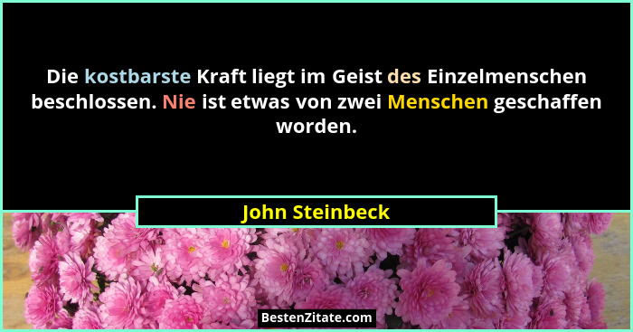 Die kostbarste Kraft liegt im Geist des Einzelmenschen beschlossen. Nie ist etwas von zwei Menschen geschaffen worden.... - John Steinbeck