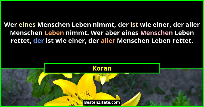 Wer eines Menschen Leben nimmt, der ist wie einer, der aller Menschen Leben nimmt. Wer aber eines Menschen Leben rettet, der ist wie einer, de... - Koran