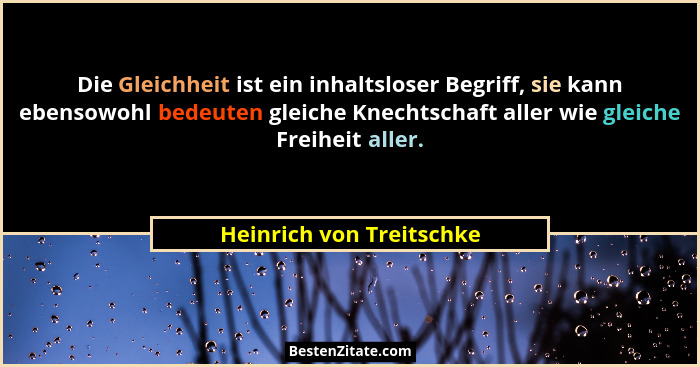 Die Gleichheit ist ein inhaltsloser Begriff, sie kann ebensowohl bedeuten gleiche Knechtschaft aller wie gleiche Freiheit al... - Heinrich von Treitschke