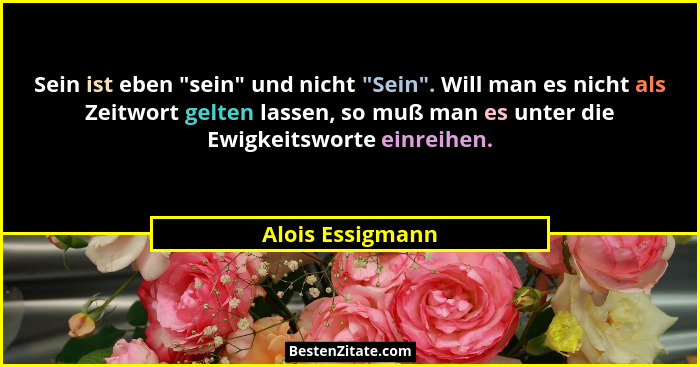 Sein ist eben "sein" und nicht "Sein". Will man es nicht als Zeitwort gelten lassen, so muß man es unter die Ewigkei... - Alois Essigmann