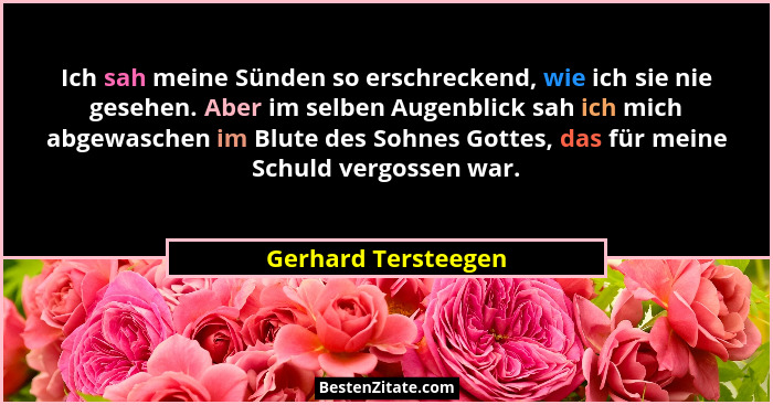 Ich sah meine Sünden so erschreckend, wie ich sie nie gesehen. Aber im selben Augenblick sah ich mich abgewaschen im Blute des So... - Gerhard Tersteegen