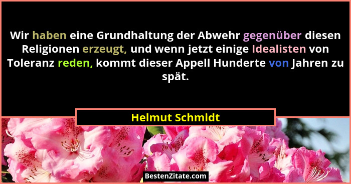 Wir haben eine Grundhaltung der Abwehr gegenüber diesen Religionen erzeugt, und wenn jetzt einige Idealisten von Toleranz reden, komm... - Helmut Schmidt