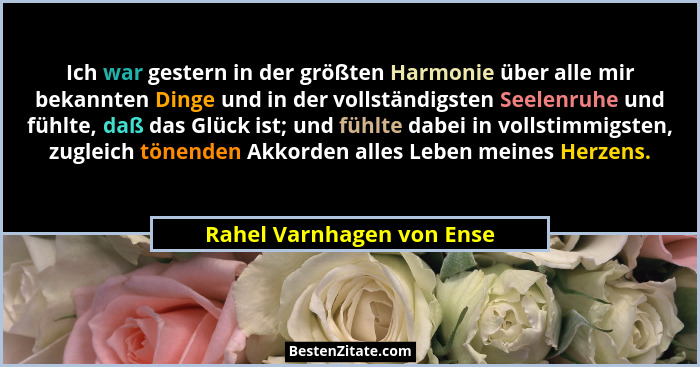 Ich war gestern in der größten Harmonie über alle mir bekannten Dinge und in der vollständigsten Seelenruhe und fühlte, daß... - Rahel Varnhagen von Ense