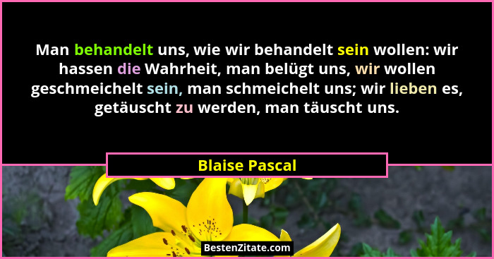 Man behandelt uns, wie wir behandelt sein wollen: wir hassen die Wahrheit, man belügt uns, wir wollen geschmeichelt sein, man schmeich... - Blaise Pascal