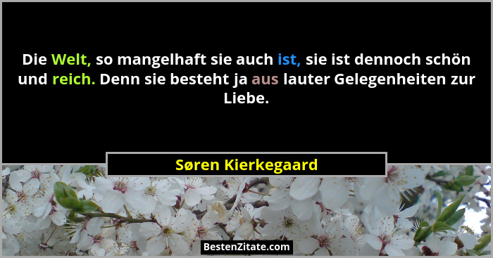 Die Welt, so mangelhaft sie auch ist, sie ist dennoch schön und reich. Denn sie besteht ja aus lauter Gelegenheiten zur Liebe.... - Søren Kierkegaard