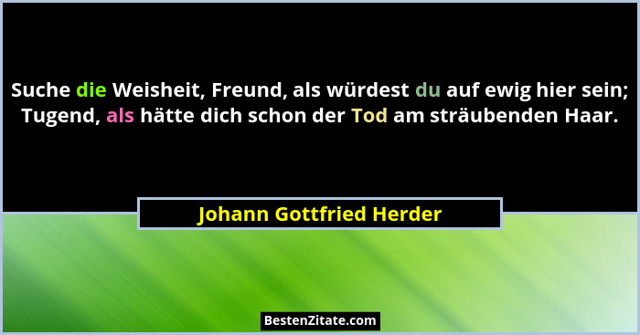 Suche die Weisheit, Freund, als würdest du auf ewig hier sein; Tugend, als hätte dich schon der Tod am sträubenden Haar.... - Johann Gottfried Herder
