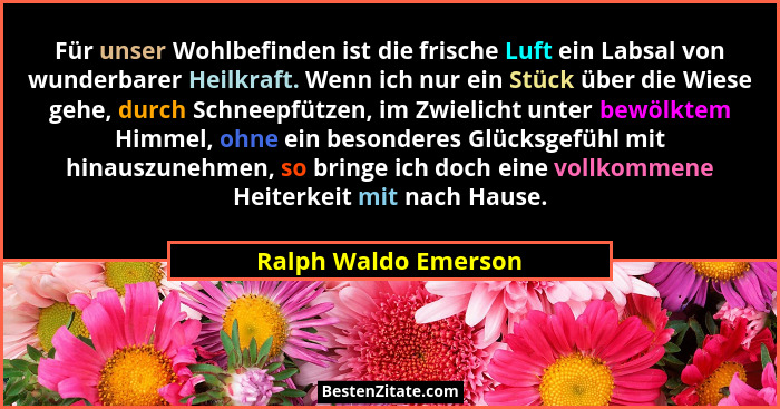 Für unser Wohlbefinden ist die frische Luft ein Labsal von wunderbarer Heilkraft. Wenn ich nur ein Stück über die Wiese gehe, du... - Ralph Waldo Emerson