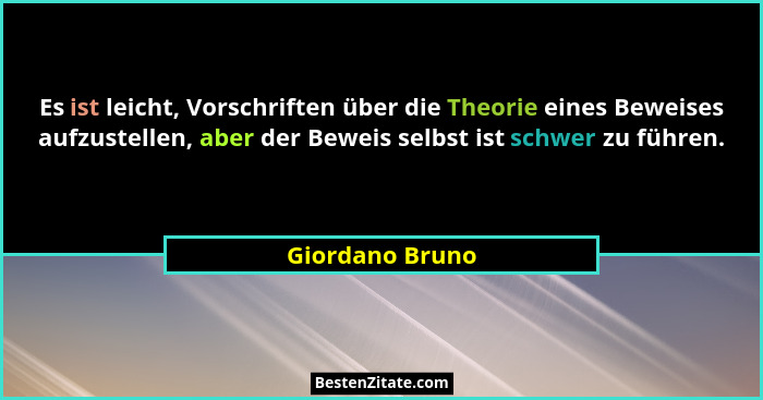 Es ist leicht, Vorschriften über die Theorie eines Beweises aufzustellen, aber der Beweis selbst ist schwer zu führen.... - Giordano Bruno