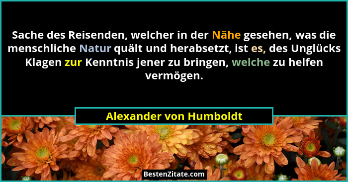 Sache des Reisenden, welcher in der Nähe gesehen, was die menschliche Natur quält und herabsetzt, ist es, des Unglücks Klagen... - Alexander von Humboldt