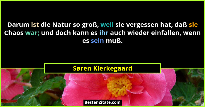 Darum ist die Natur so groß, weil sie vergessen hat, daß sie Chaos war; und doch kann es ihr auch wieder einfallen, wenn es sein m... - Søren Kierkegaard
