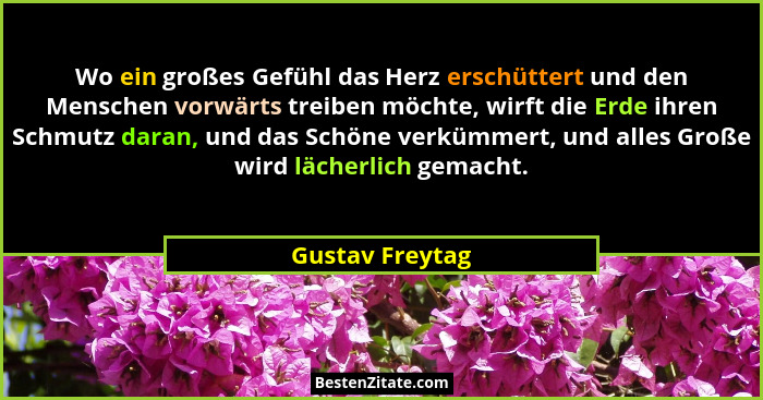 Wo ein großes Gefühl das Herz erschüttert und den Menschen vorwärts treiben möchte, wirft die Erde ihren Schmutz daran, und das Schön... - Gustav Freytag