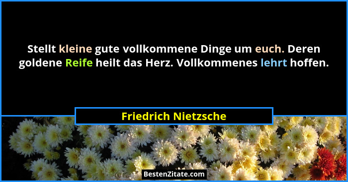 Stellt kleine gute vollkommene Dinge um euch. Deren goldene Reife heilt das Herz. Vollkommenes lehrt hoffen.... - Friedrich Nietzsche