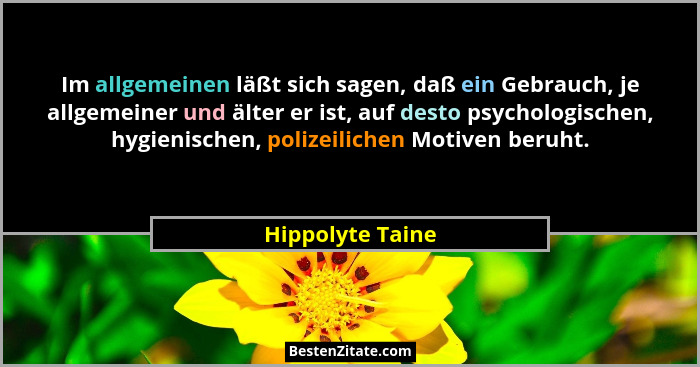 Im allgemeinen läßt sich sagen, daß ein Gebrauch, je allgemeiner und älter er ist, auf desto psychologischen, hygienischen, polizeil... - Hippolyte Taine