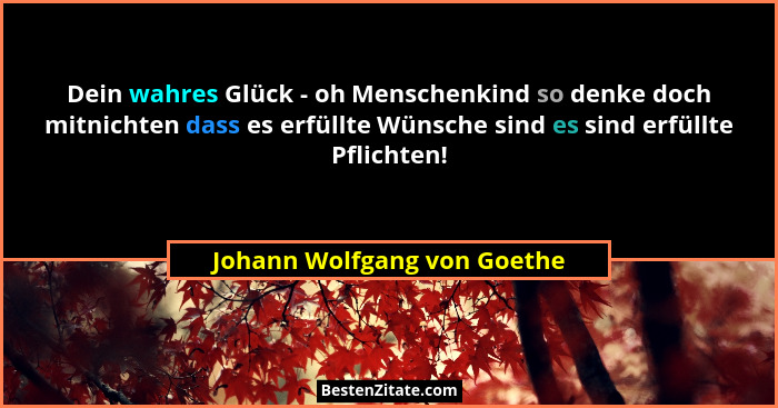 Dein wahres Glück - oh Menschenkind so denke doch mitnichten dass es erfüllte Wünsche sind es sind erfüllte Pflichten!... - Johann Wolfgang von Goethe