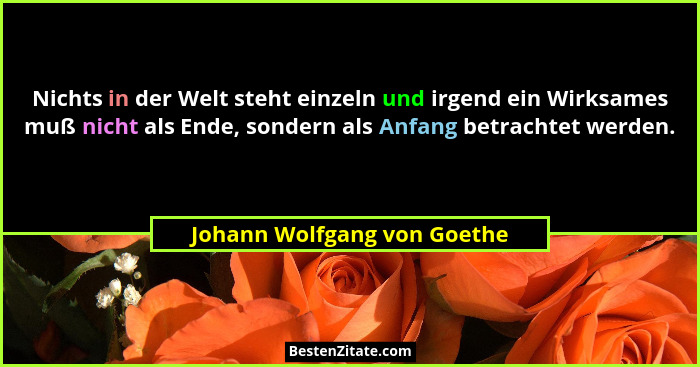 Nichts in der Welt steht einzeln und irgend ein Wirksames muß nicht als Ende, sondern als Anfang betrachtet werden.... - Johann Wolfgang von Goethe