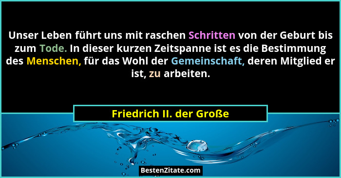 Unser Leben führt uns mit raschen Schritten von der Geburt bis zum Tode. In dieser kurzen Zeitspanne ist es die Bestimmung d... - Friedrich II. der Große