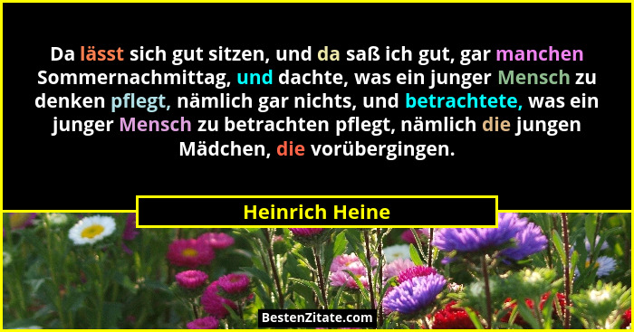 Da lässt sich gut sitzen, und da saß ich gut, gar manchen Sommernachmittag, und dachte, was ein junger Mensch zu denken pflegt, nämli... - Heinrich Heine