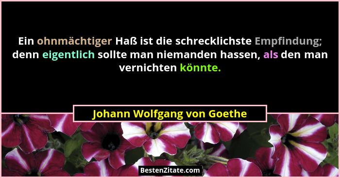 Ein ohnmächtiger Haß ist die schrecklichste Empfindung; denn eigentlich sollte man niemanden hassen, als den man vernicht... - Johann Wolfgang von Goethe