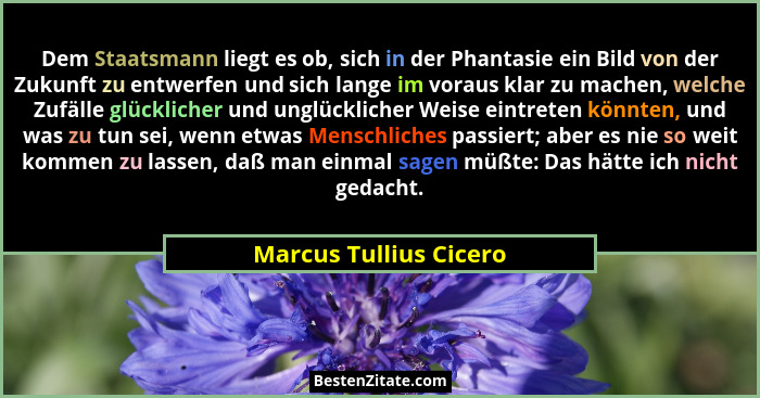 Dem Staatsmann liegt es ob, sich in der Phantasie ein Bild von der Zukunft zu entwerfen und sich lange im voraus klar zu mache... - Marcus Tullius Cicero