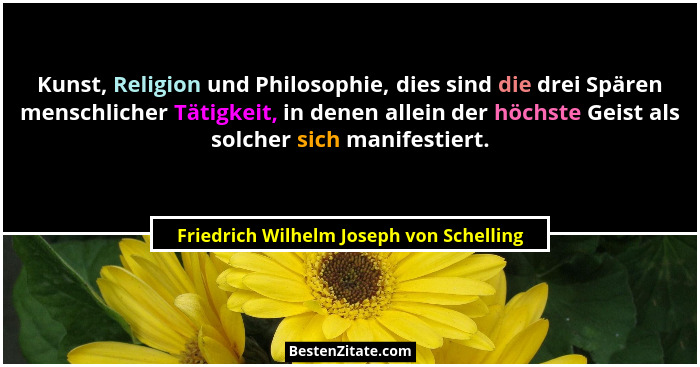 Kunst, Religion und Philosophie, dies sind die drei Spären menschlicher Tätigkeit, in denen allein der höchst... - Friedrich Wilhelm Joseph von Schelling