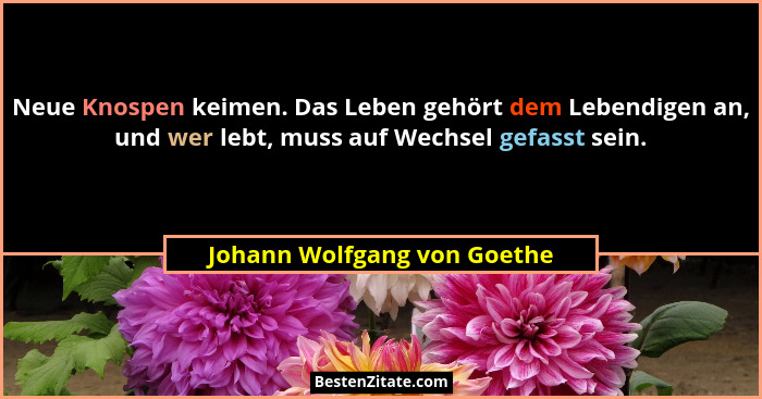 Neue Knospen keimen. Das Leben gehört dem Lebendigen an, und wer lebt, muss auf Wechsel gefasst sein.... - Johann Wolfgang von Goethe