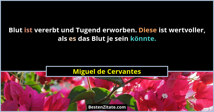 Blut ist vererbt und Tugend erworben. Diese ist wertvoller, als es das Blut je sein könnte.... - Miguel de Cervantes