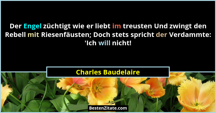 Der Engel züchtigt wie er liebt im treusten Und zwingt den Rebell mit Riesenfäusten; Doch stets spricht der Verdammte: 'Ich w... - Charles Baudelaire
