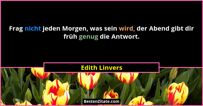 Frag nicht jeden Morgen, was sein wird, der Abend gibt dir früh genug die Antwort.... - Edith Linvers