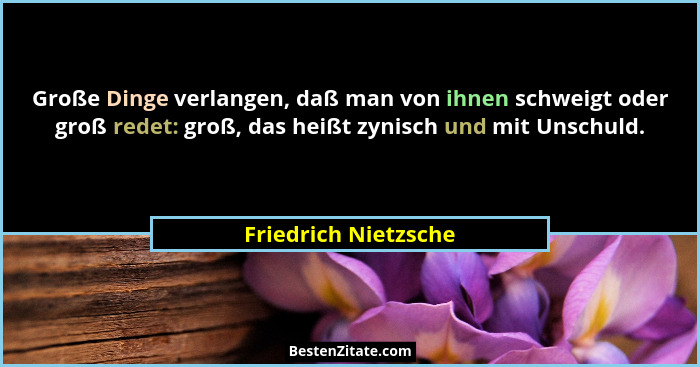 Große Dinge verlangen, daß man von ihnen schweigt oder groß redet: groß, das heißt zynisch und mit Unschuld.... - Friedrich Nietzsche