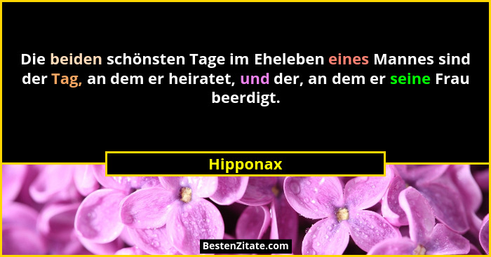 Die beiden schönsten Tage im Eheleben eines Mannes sind der Tag, an dem er heiratet, und der, an dem er seine Frau beerdigt.... - Hipponax