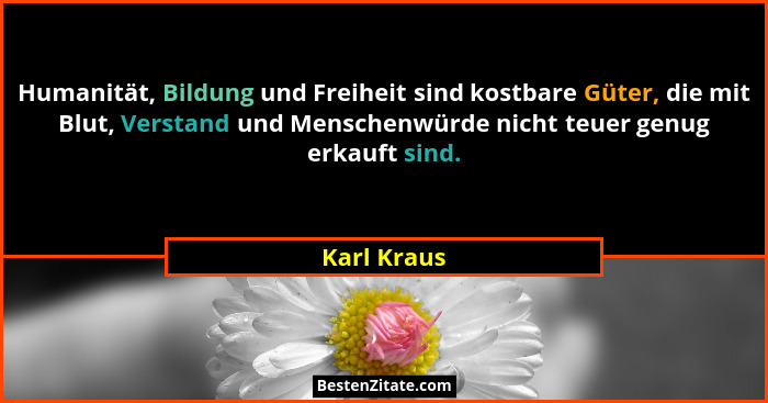 Humanität, Bildung und Freiheit sind kostbare Güter, die mit Blut, Verstand und Menschenwürde nicht teuer genug erkauft sind.... - Karl Kraus