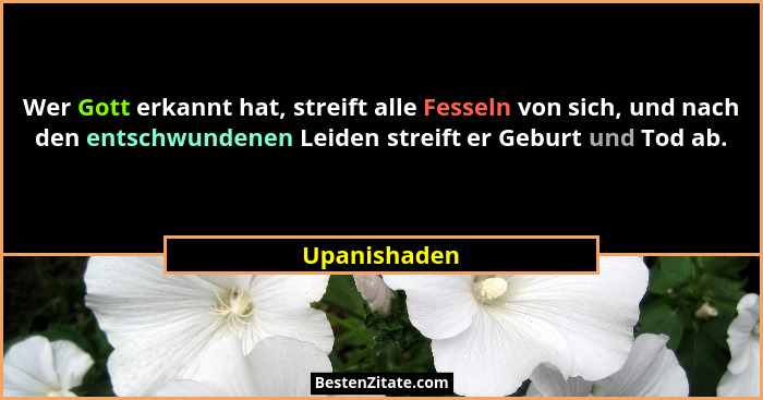Wer Gott erkannt hat, streift alle Fesseln von sich, und nach den entschwundenen Leiden streift er Geburt und Tod ab.... - Upanishaden