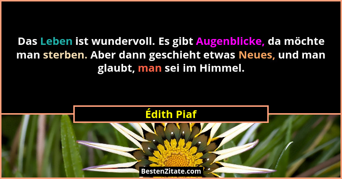 Das Leben ist wundervoll. Es gibt Augenblicke, da möchte man sterben. Aber dann geschieht etwas Neues, und man glaubt, man sei im Himmel.... - Édith Piaf